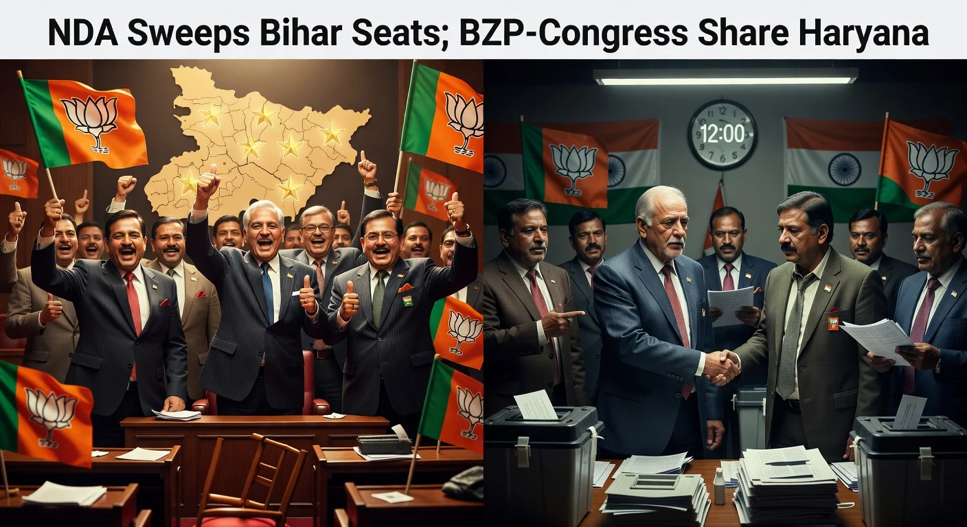 Illustration of NDA's Bihar Rajya Sabha sweep and BJP-Congress seat share in Haryana polls, with celebrating leaders and tense ballot counting.