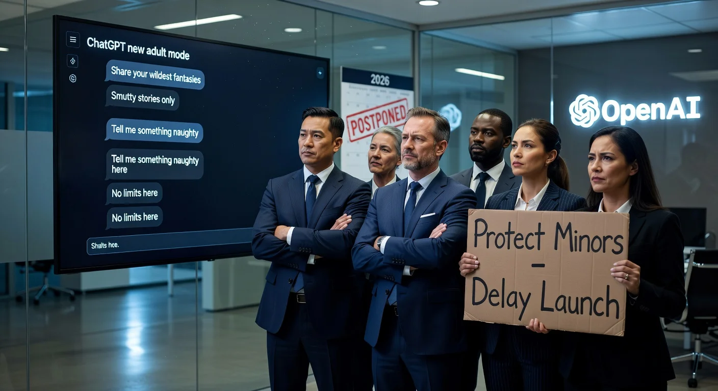 Realistic illustration of ChatGPT adult mode screen with flirty text chats, opposed by stern OpenAI advisers, highlighting launch delay concerns.