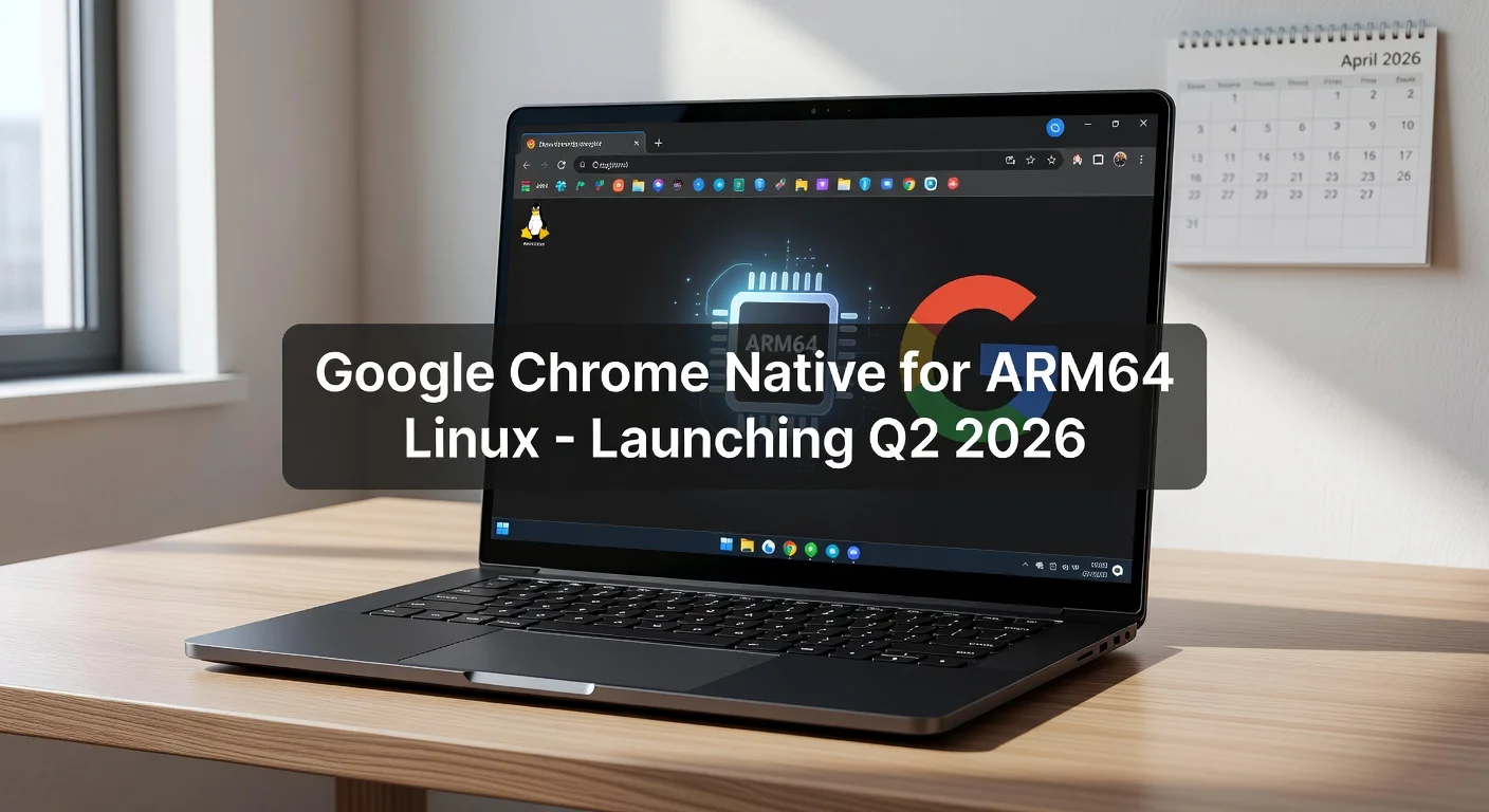 Photorealistic image of a Linux ARM64 laptop displaying the announcement of native Google Chrome support launching in Q2 2026.