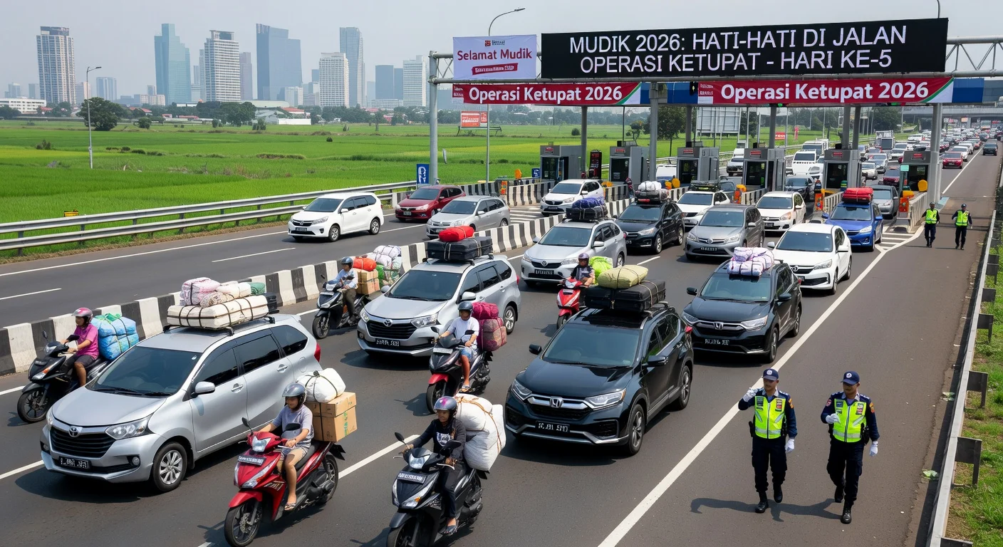 Busy toll highway traffic leaving Jakarta during Mudik 2026, under police control with cars and motorbikes amid mild congestion.