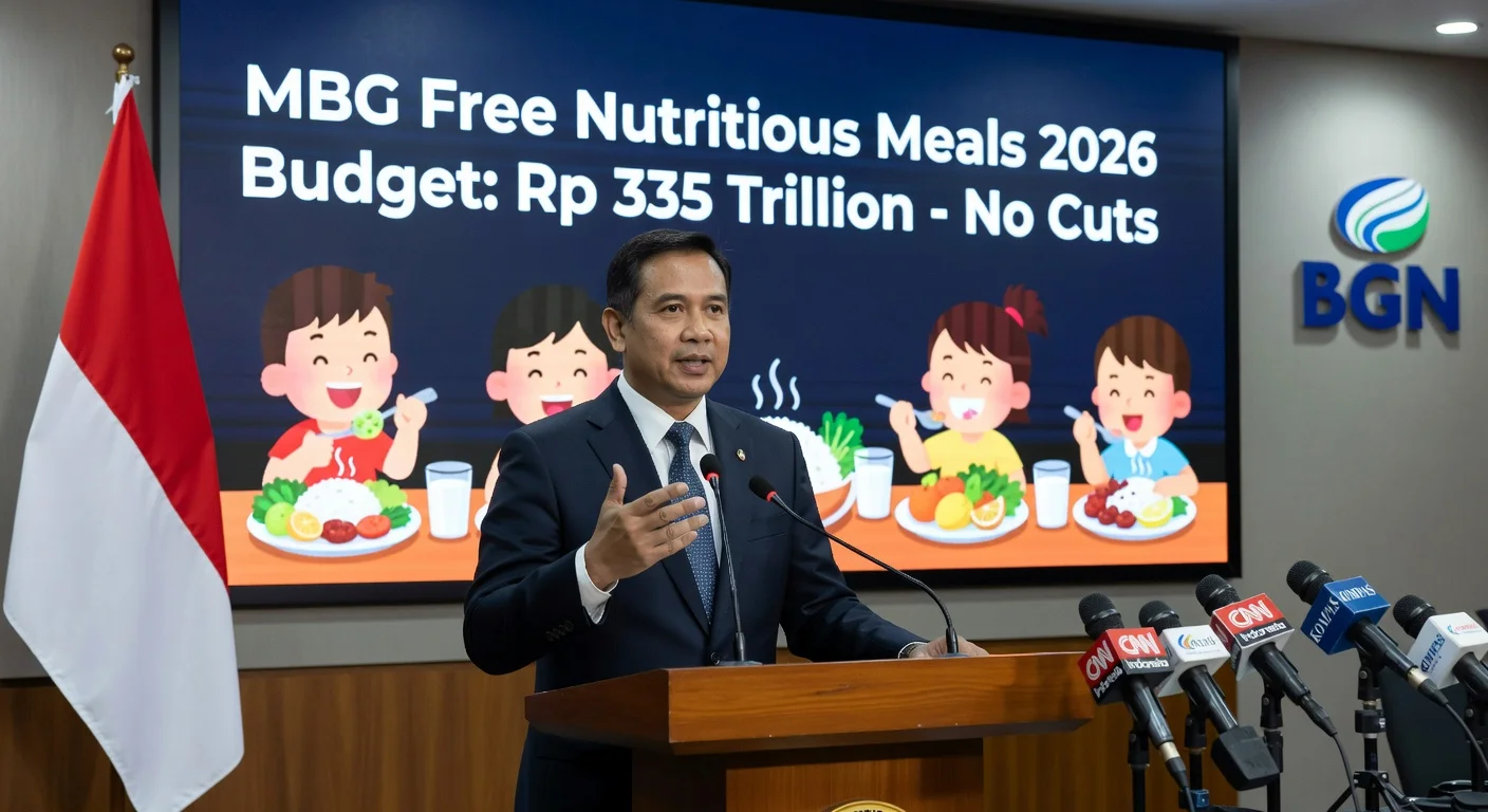 BGN head Dadan Hindayana at press conference assuring no cuts to Rp 335 trillion MBG nutritious meals budget for 2026.