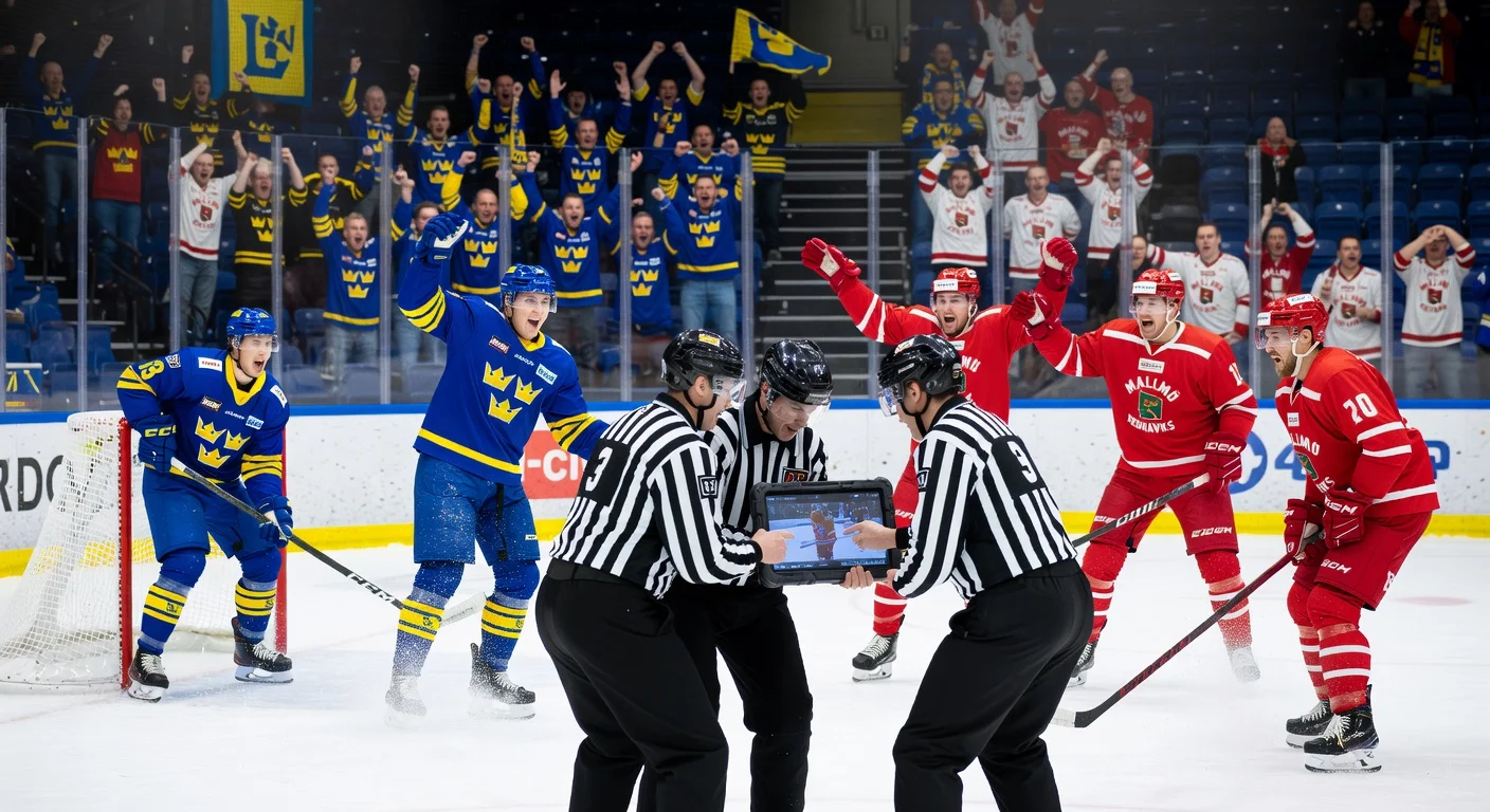Dramatic illustration of Djurgården's controversial overtime goal against Malmö in SHL playoffs, showing celebration, protest, and referee review.