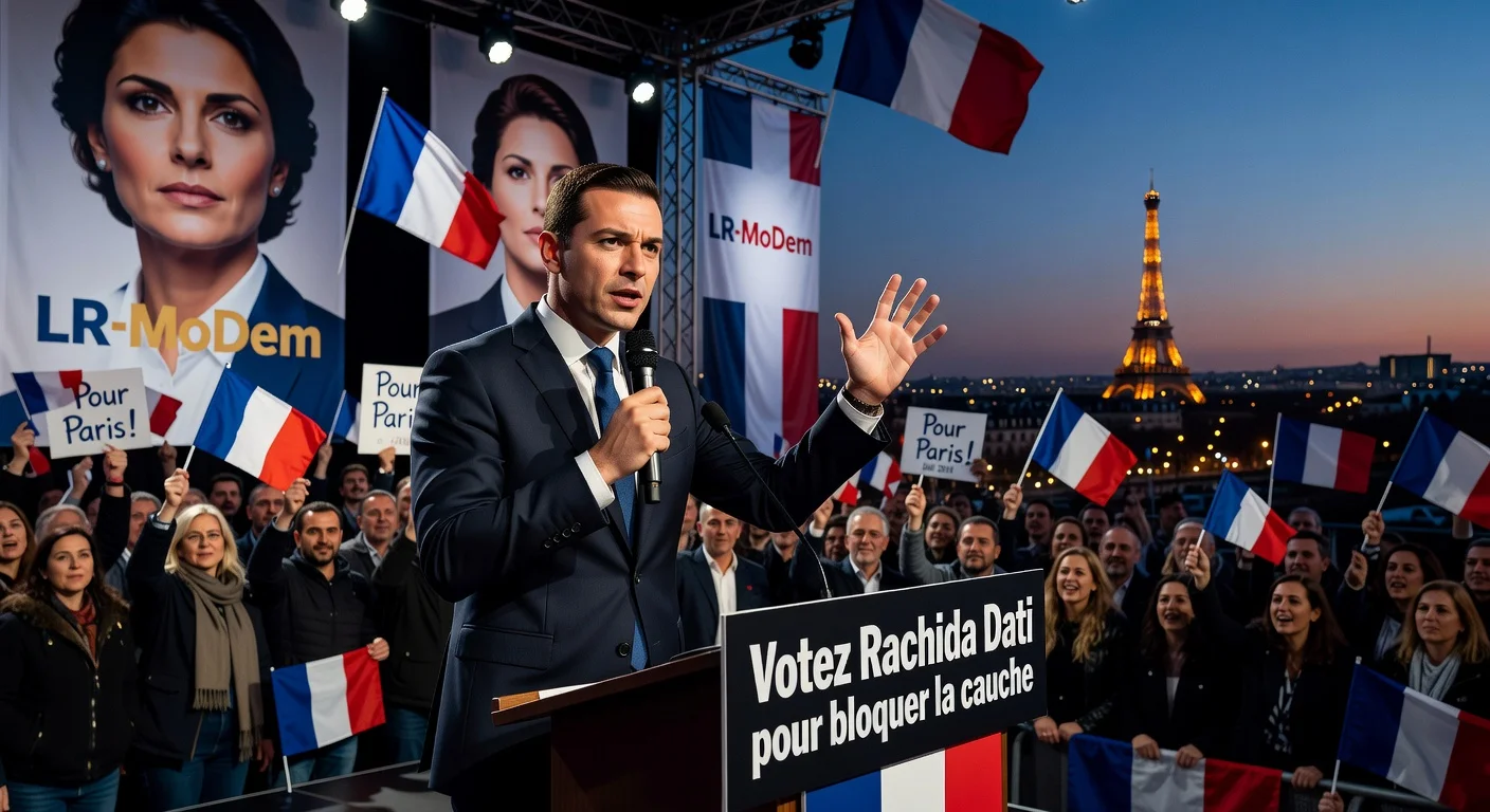 Jordan Bardella at a Paris rally, calling on voters to support Rachida Dati in municipal election runoff.