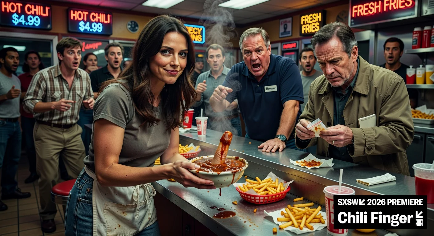 Judy Greer as scammer in 'Chili Finger' black comedy, holding chili bowl with finger, co-stars in background, SXSW premiere illustration.