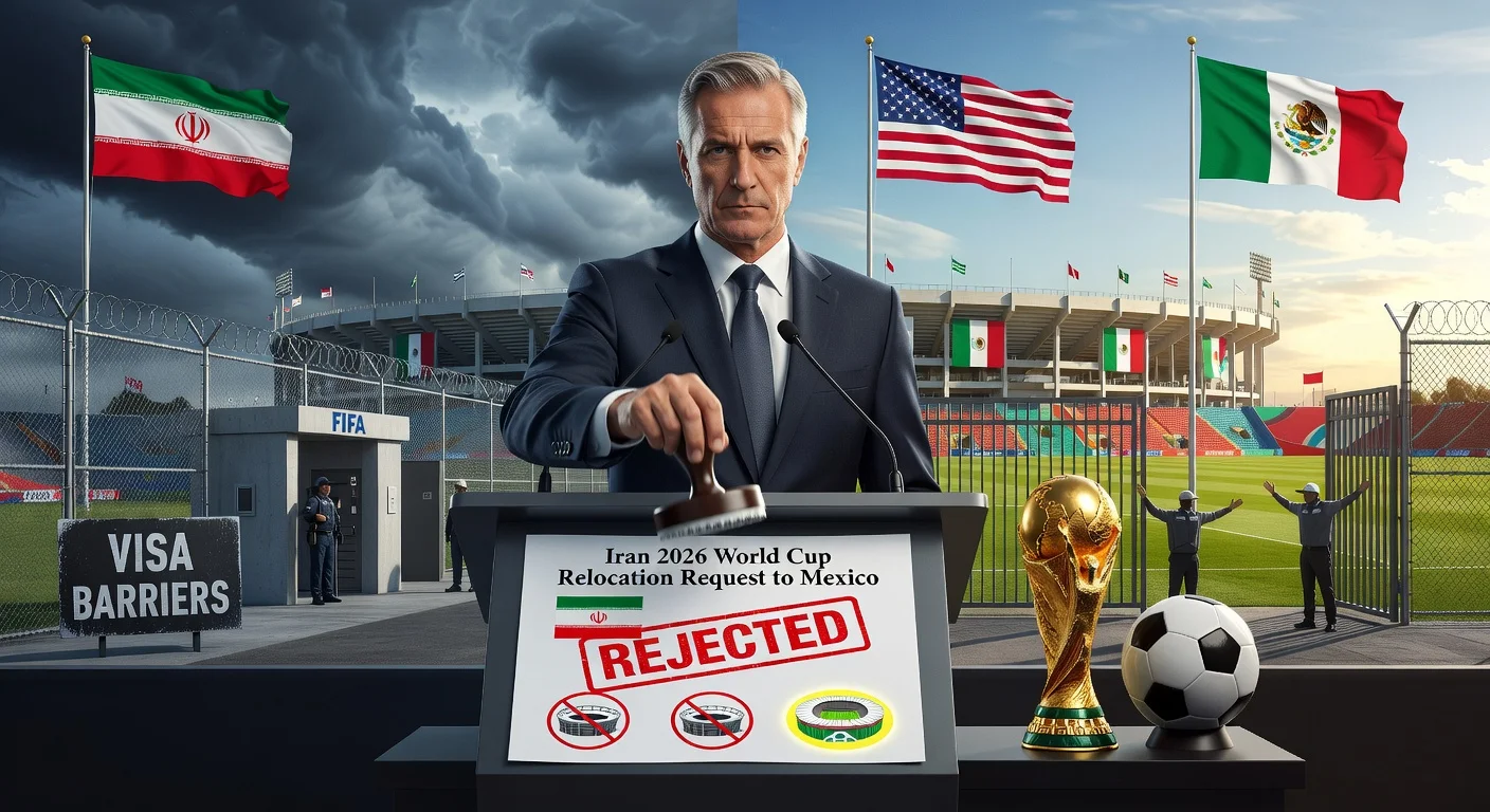 Illustration depicting FIFA rejecting Iran's plea to move 2026 World Cup matches from the US to Mexico amid security tensions.