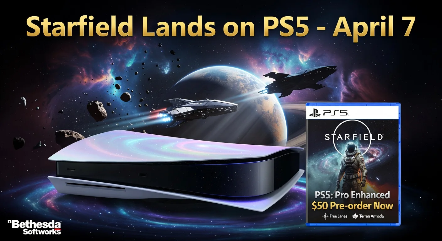Photorealistic image of PS5 console displaying Starfield gameplay, with game box art and April 7 launch announcement overlay for Bethesda news article.