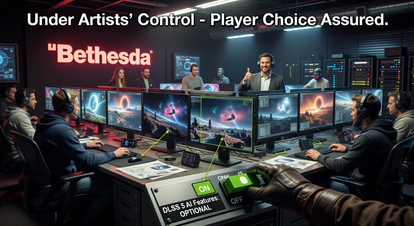 Bethesda team toggling off optional DLSS 5 AI features in Starfield, addressing Nvidia tech backlash for a news article.