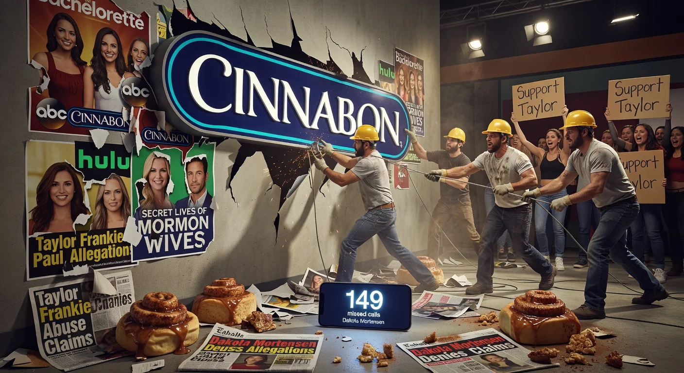 Symbolic image of Cinnabon severing ties with 'The Bachelorette' and 'Secret Lives of Mormon Wives' amid Taylor Frankie Paul scandal.