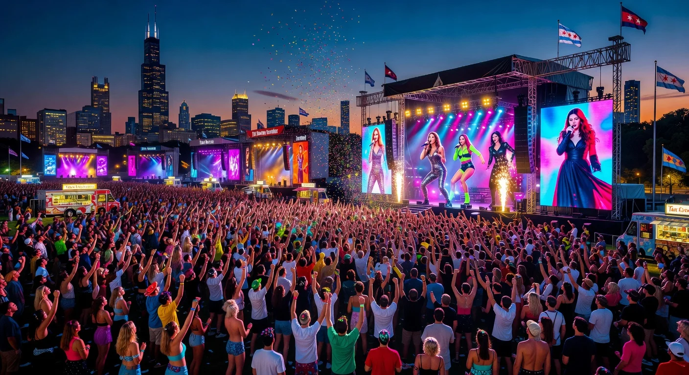 Photorealistic illustration of Lollapalooza 2026 festival at Grant Park, Chicago, featuring headliners Olivia Dean, Charli XCX, Lorde, and others performing to an excited crowd.