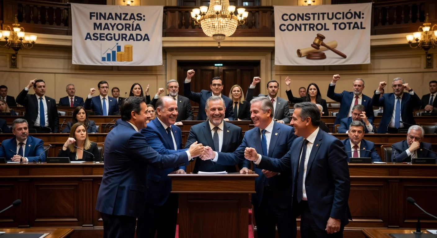 Illustration depicting ruling coalition's control of most Chamber committees, including Finance and Constitution, amid opposition rift.