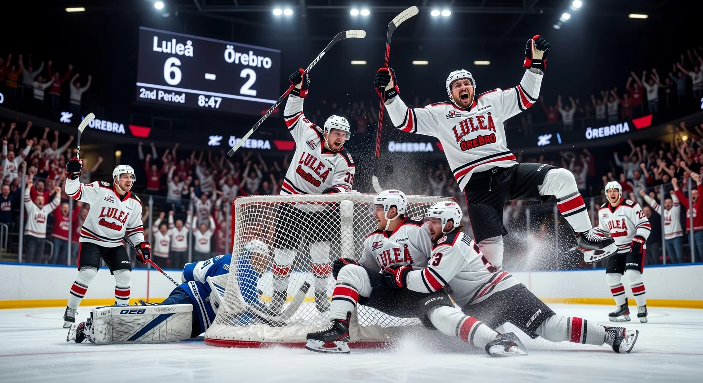 Luleå Hockey players celebrate their dramatic 6-2 comeback win over Örebro in the SHL playoff opener at Behrn Arena.