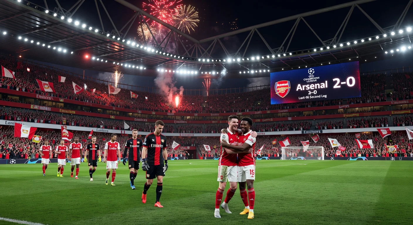 Arsenal celebrates 2-0 victory over Bayer Leverkusen in Champions League last-16, eliminating them and advancing to quarter-finals.