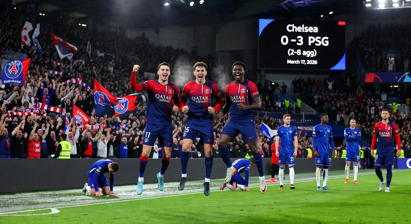 PSG players Kvaratskhelia, Barcola, and Mayulu celebrate 3-0 Champions League win over Chelsea at Stamford Bridge, 8-2 aggregate triumph.