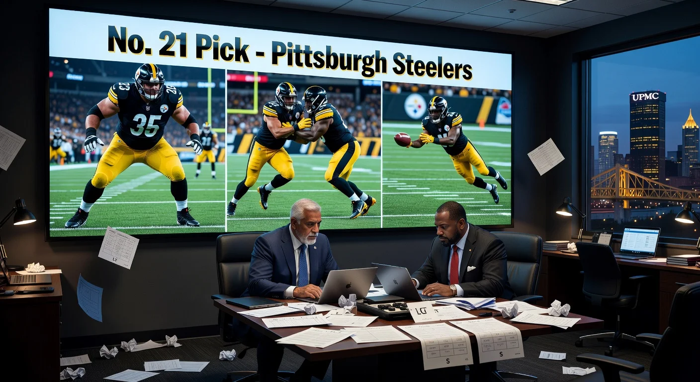 Steelers coaches in draft war room evaluating No. 21 pick options: offensive tackle, left guard, and safety prospects.
