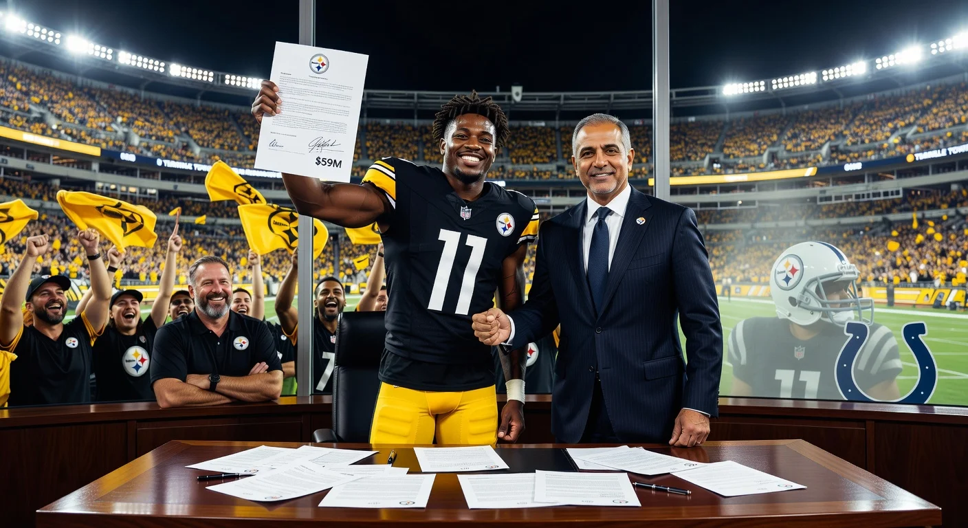 Illustration of Steelers' new WR Michael Pittman Jr. signing $59M deal after trade from Colts, with GM handshake and stadium celebration.