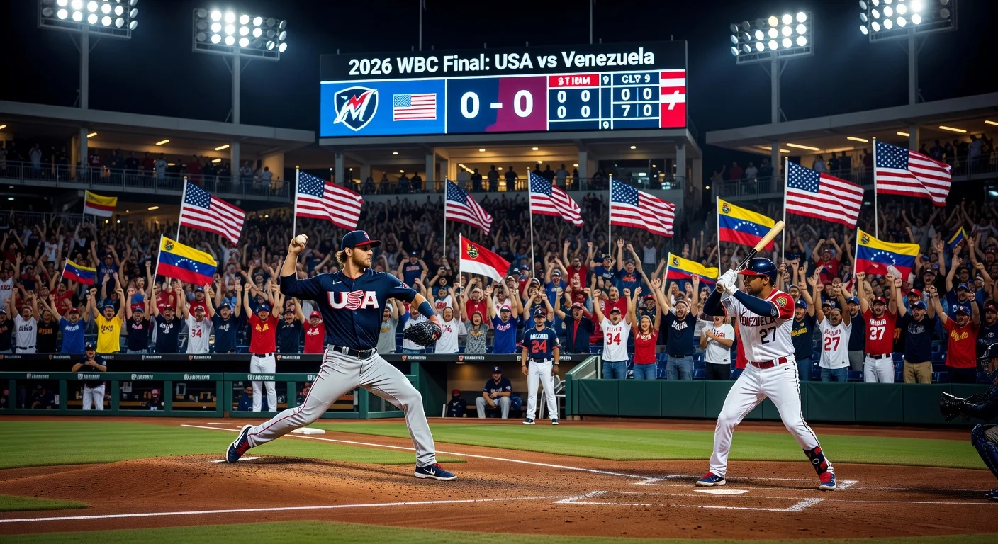 Dramatic night scene of Team USA pitcher Nolan McLean facing Venezuela's Eduardo Rodriguez in the 2026 World Baseball Classic final at loanDepot Park, Miami.