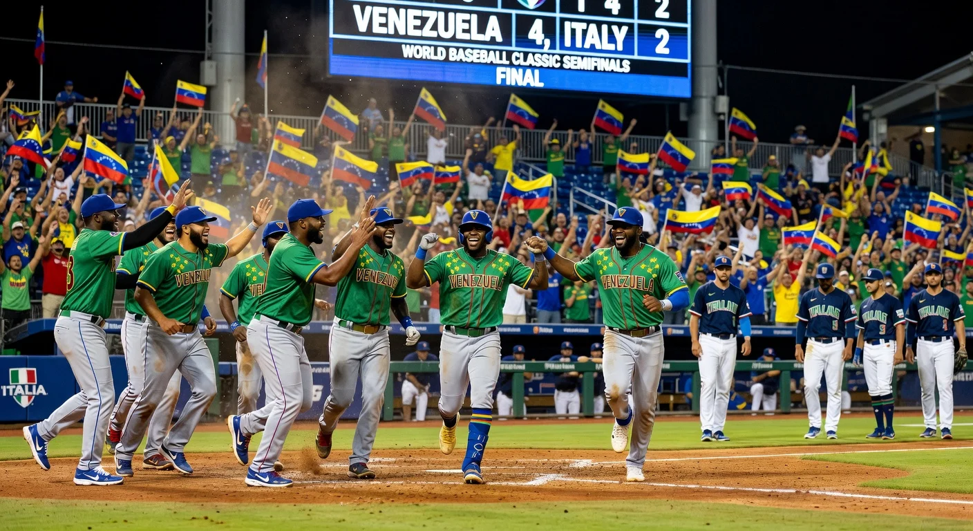 Venezuelan players celebrate dramatic 4-2 semifinal win over Italy in World Baseball Classic, sparked by Ronald Acuña Jr., advancing to finals.