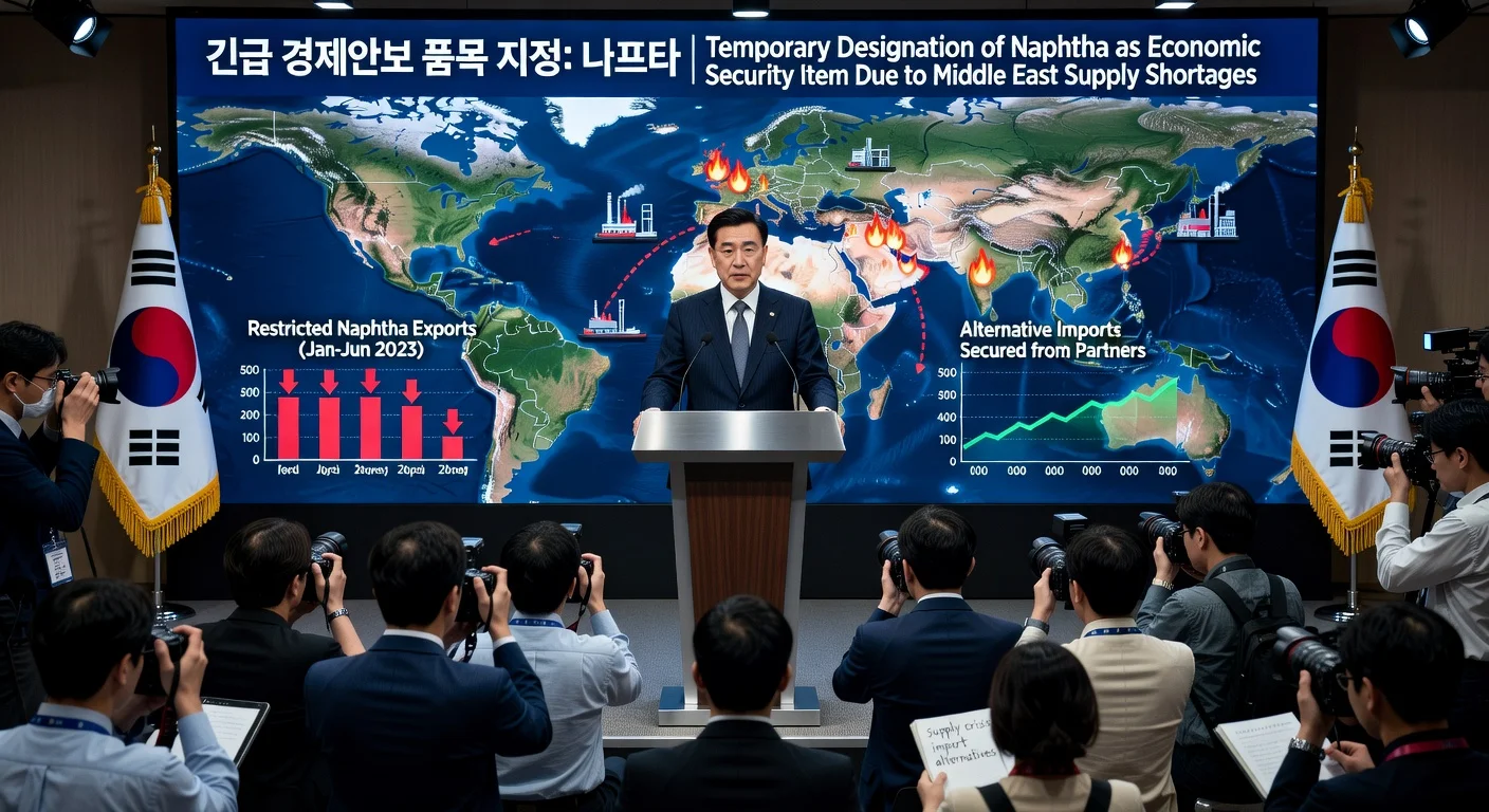 South Korean Finance Minister announces naphtha as economic security item amid Middle East crisis, with visuals of supply disruptions and government measures.