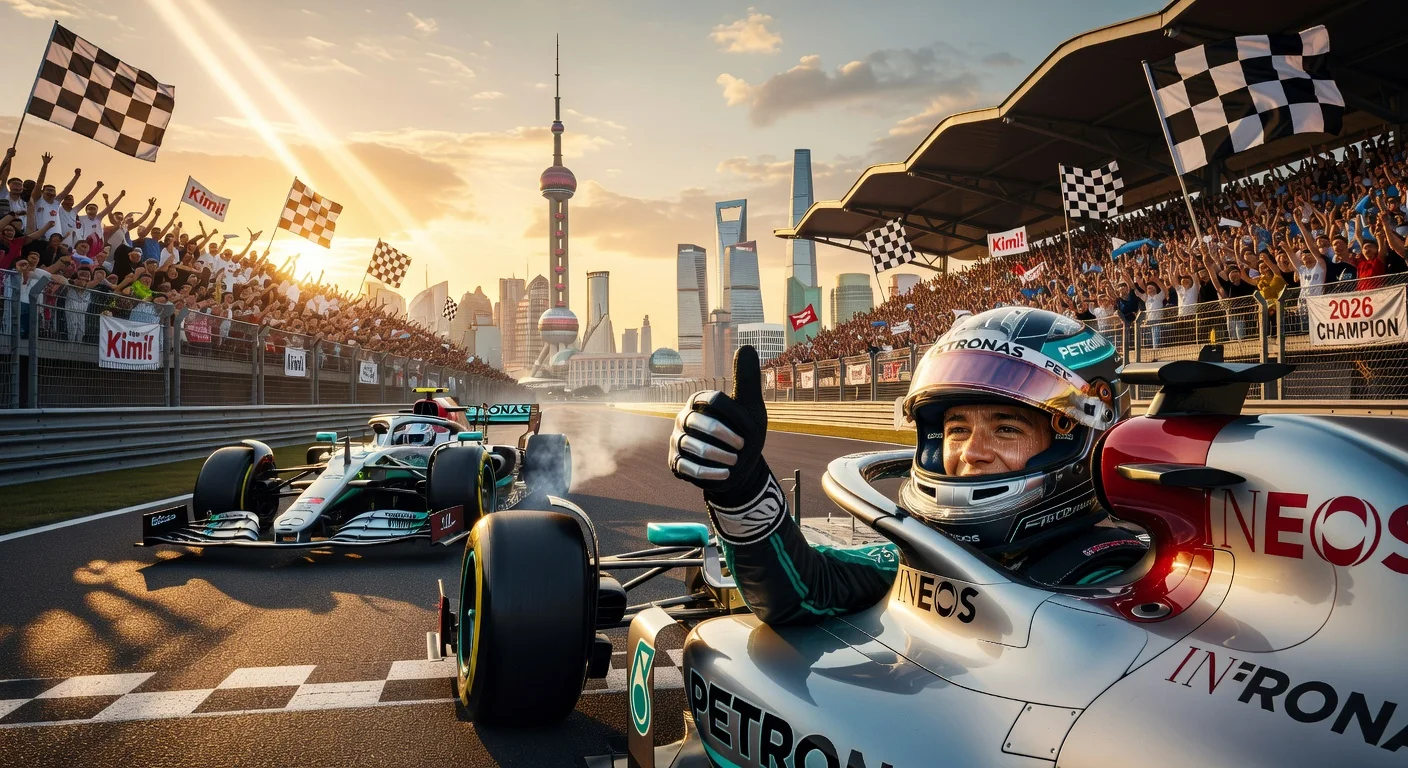 Kimi Antonelli gives Jim Clark thumbs-up salute after dramatic first F1 win at 2026 Chinese GP, holding off Mercedes teammate Russell.