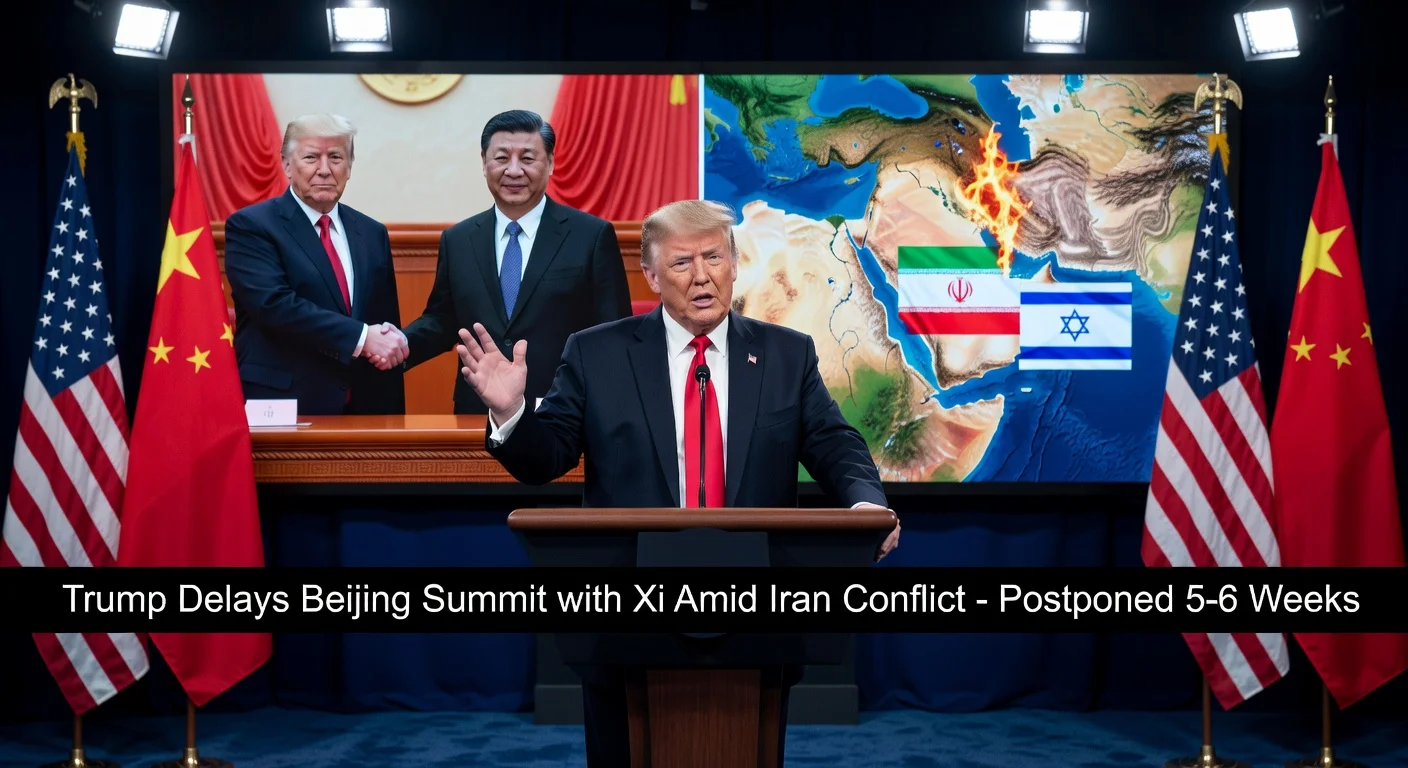 President Trump announces delay of Beijing meeting with Xi Jinping due to escalating Iran conflict, with world map and flags in background.