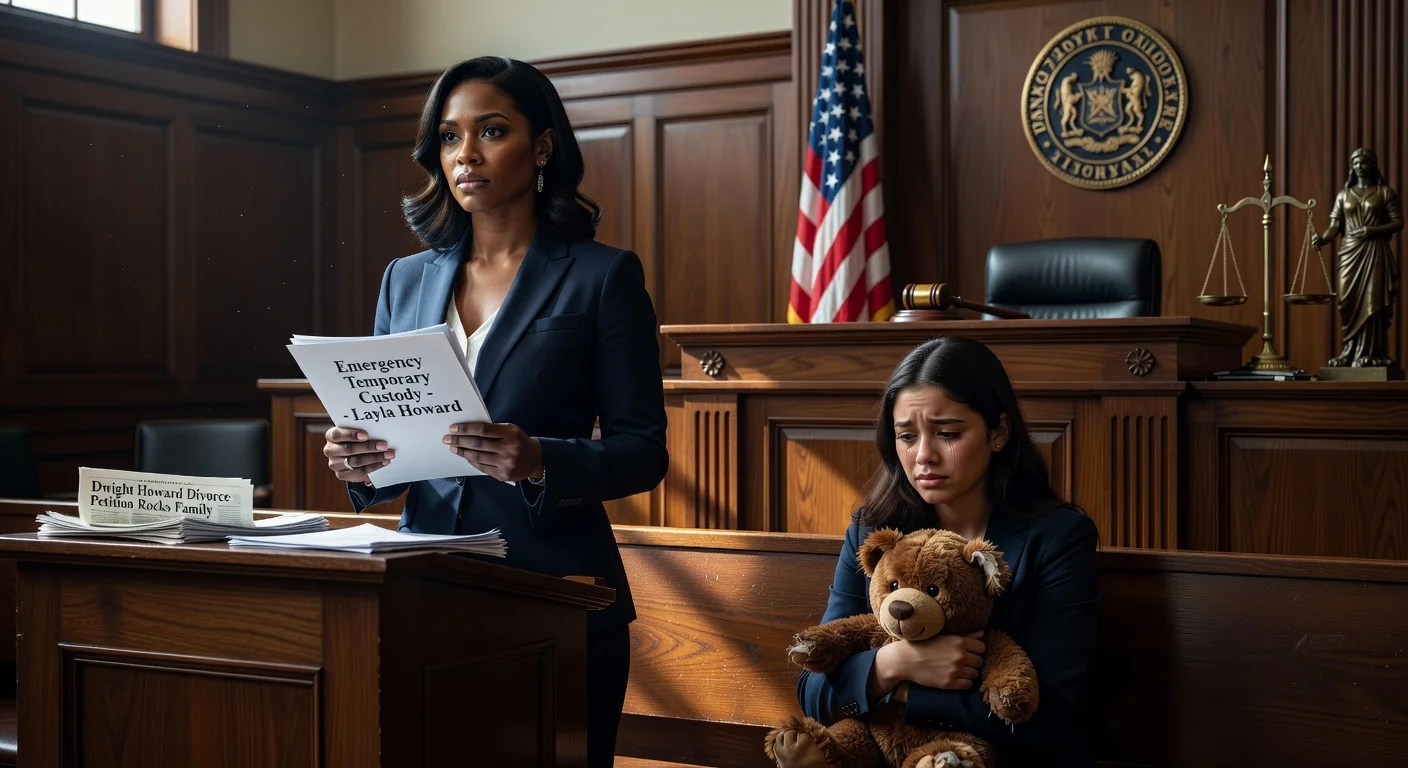 Illustration of Tiffany Render in Georgia court seeking emergency custody of Dwight Howard's daughter Layla amid family disputes.