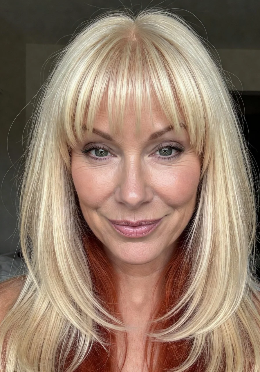Kathy Griffin showcases platinum blonde hair transformation with bangs in Instagram photos.