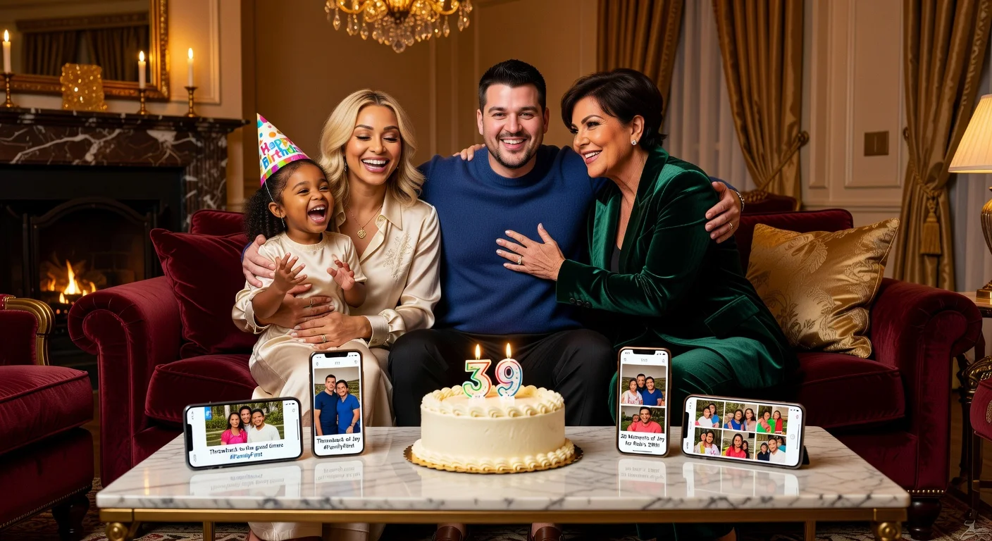 Illustration of Rob Kardashian celebrating his 39th birthday with co-parent Angela White, daughter Dream, and mother Kris Jenner, featuring Instagram tributes.
