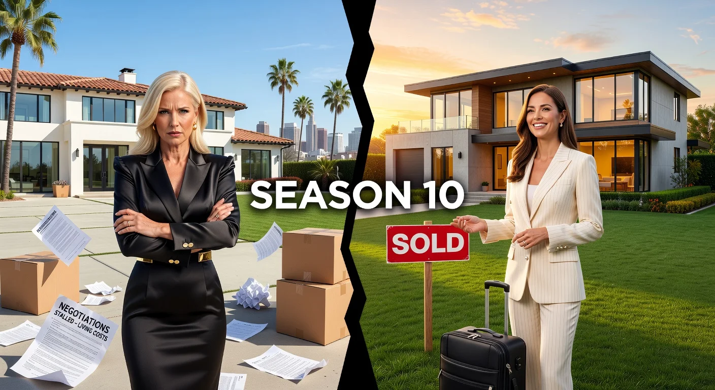 Split-image illustration depicting Christine Quinn's stalled return to Selling Sunset due to LA logistics and Nicole Young's happy exit to her new Nashville home.