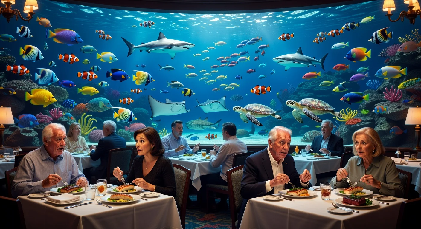 Diners at EPCOT's Coral Reef Restaurant gazing at a massive aquarium wall filled with sea life, highlighting the unique undersea dining experience amid mixed food reviews.