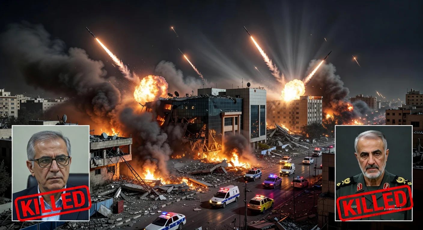 Dramatic nighttime illustration of Israeli airstrikes on Tehran, depicting explosions and the slain Iranian security leaders Ali Larijani and Gholamreza Soleimani.