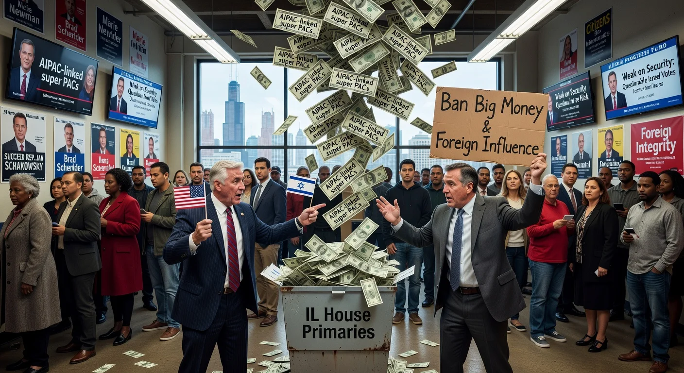 Illustration of pro-Israel PACs pouring millions into Illinois Democratic primaries, fueling debates on Israel policy and big money in elections.