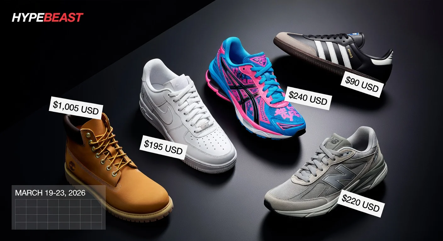 Photorealistic showcase of Hypebeast's top March 2026 week 3 sneaker drops including fragment x Nike, YOASOBI x ASICS, and more premium footwear.