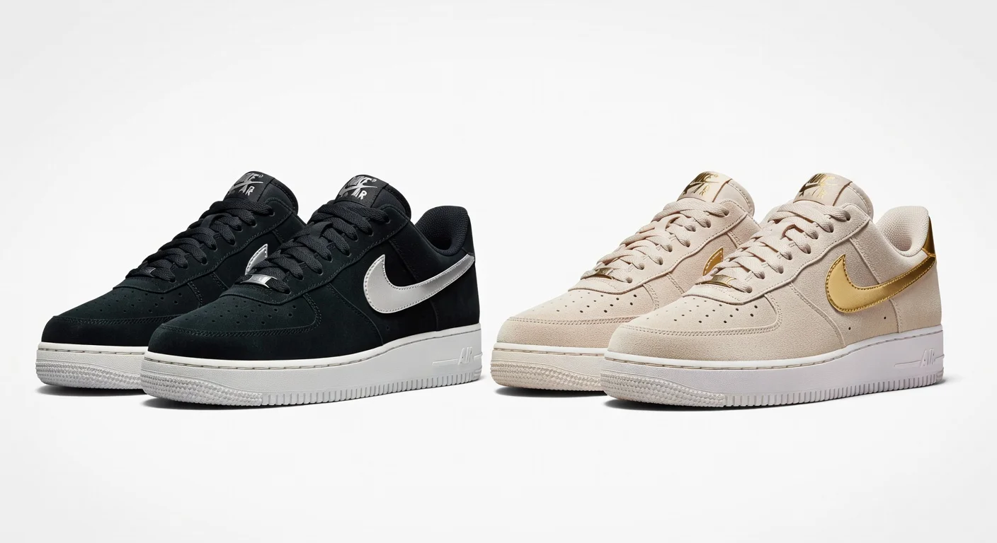 Nike Air Force 1 Low Suede Metallic Pack: Triple Black and Linen Suede women's colorways, official product images.