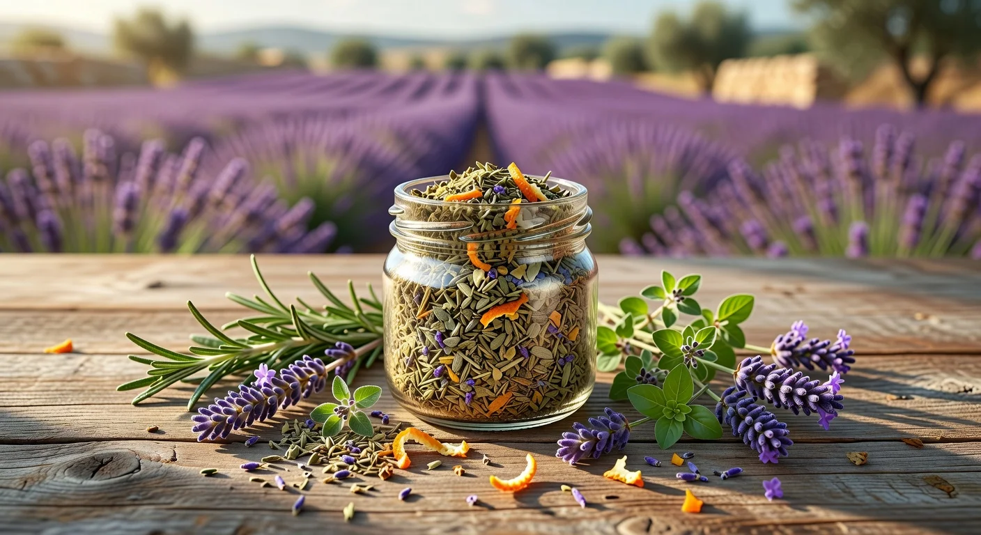 Rustic jar of homemade herbes de Provence spice blend surrounded by fresh herbs, illustrating Wellness Mama's recipe.
