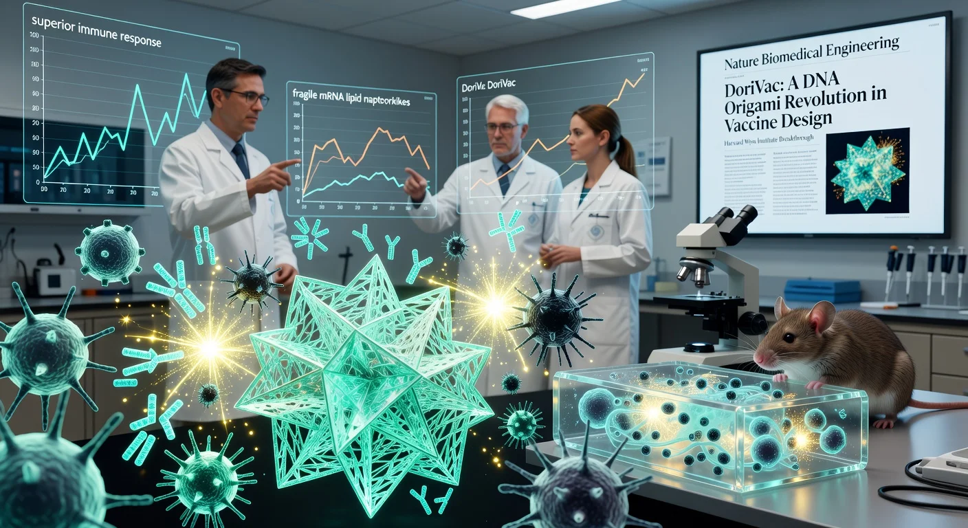 Photorealistic lab scene depicting DoriVac DNA origami vaccine triggering strong immune responses in mouse and organ chip models, as an advance over mRNA vaccines.