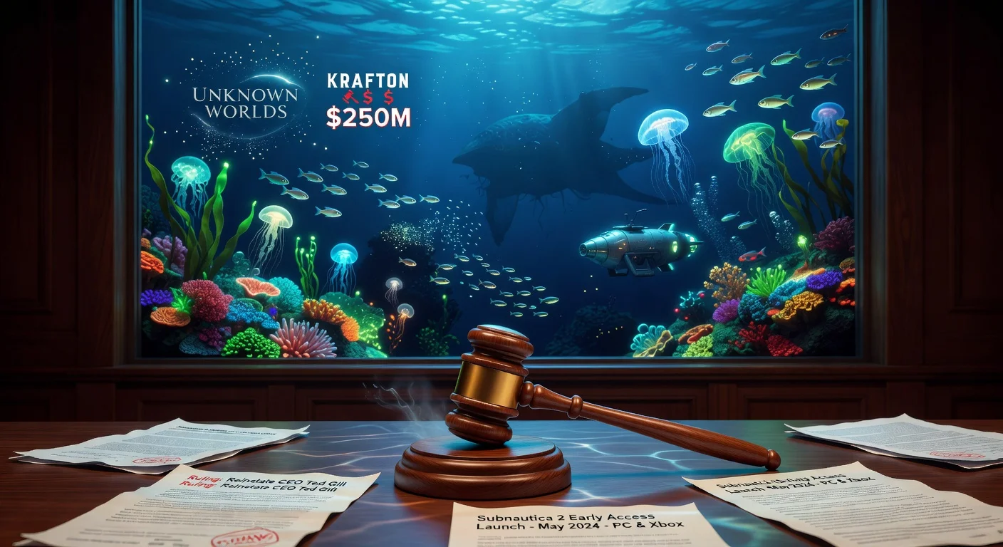 Dramatic courtroom scene blending legal ruling with Subnautica 2's underwater world, illustrating early access launch after CEO reinstatement.