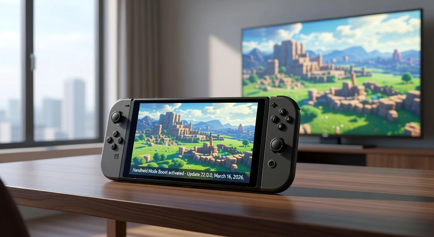 Nintendo Switch 2 in handheld mode showcasing Handheld Mode Boost update with 1080p enhanced gameplay from original Switch games.