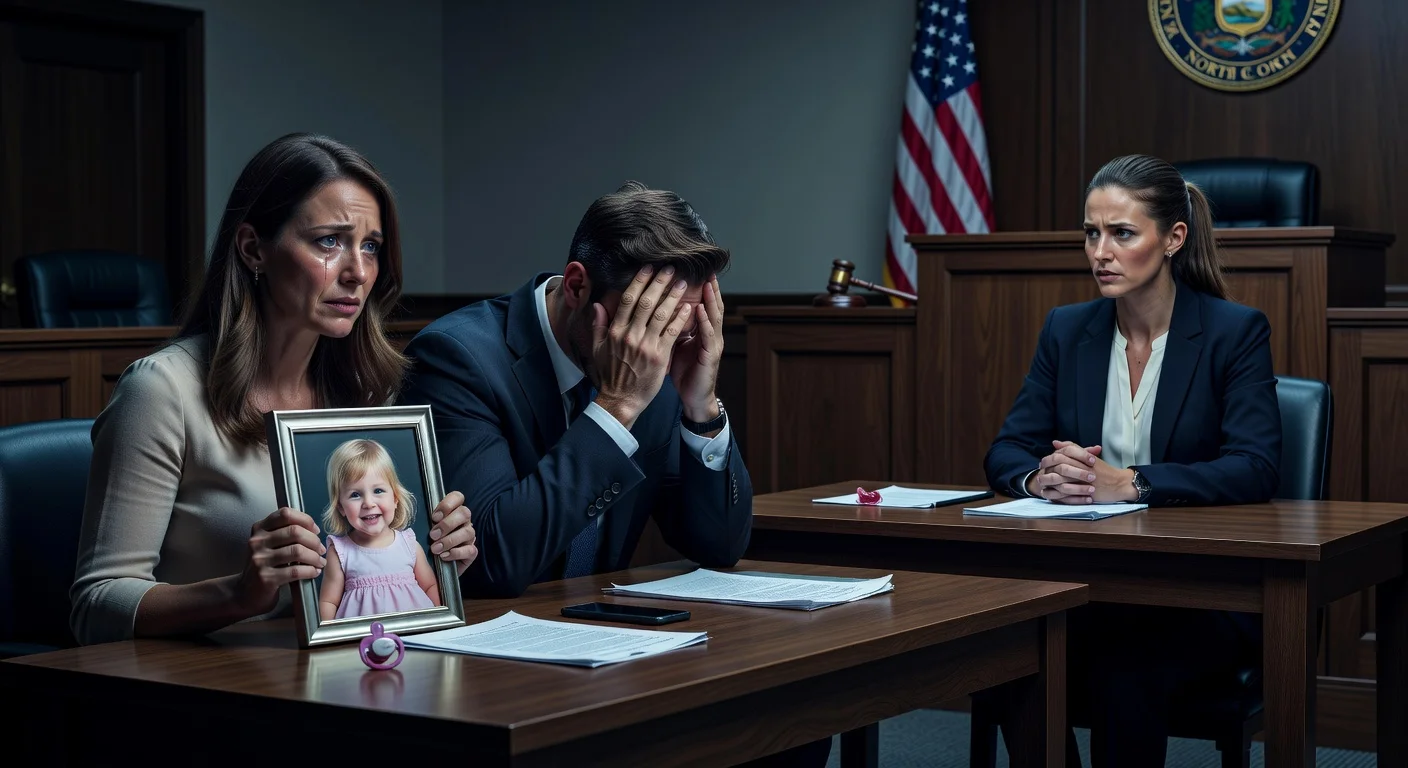 Courtroom illustration depicting parents suing daycare worker over toddler's suffocation death, with symbolic elements of negligence.