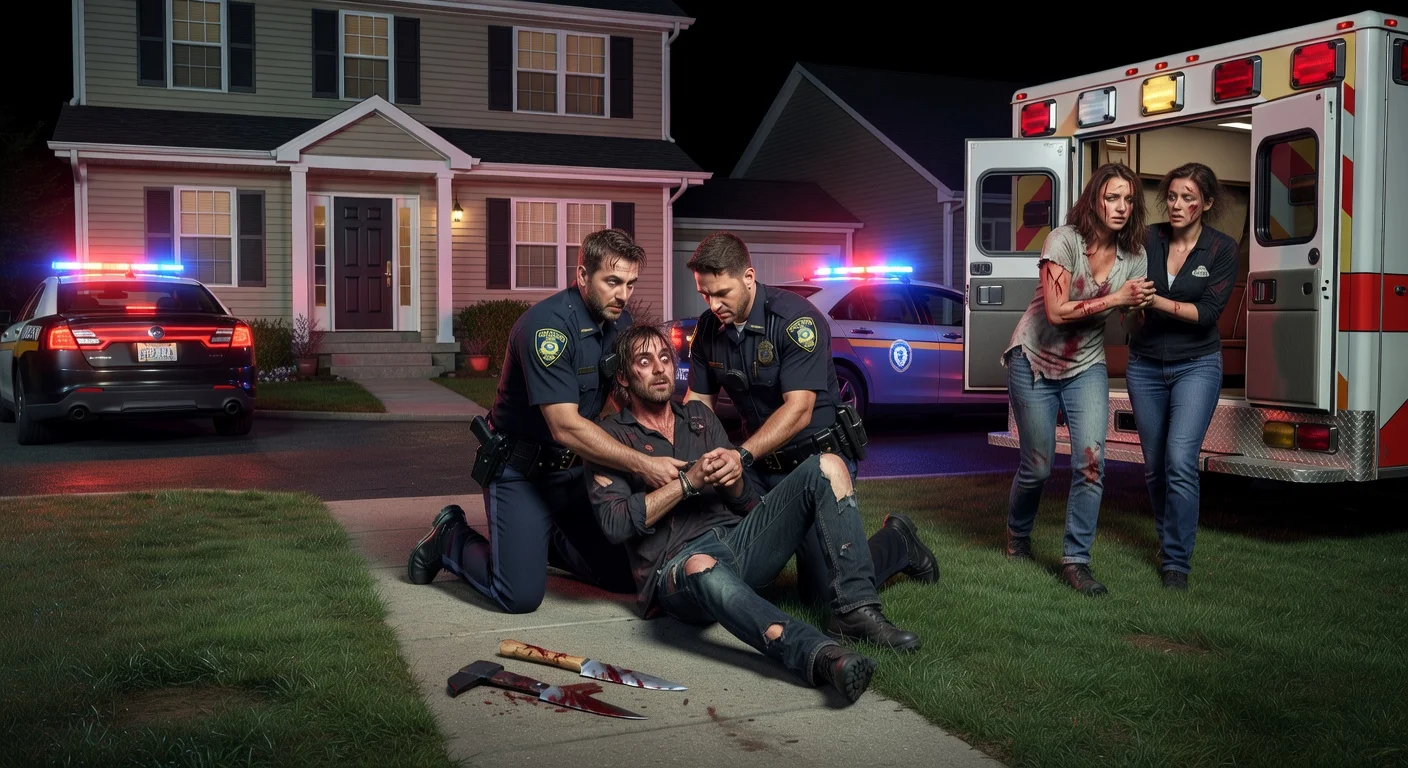 Dramatic photorealistic illustration of a hatchet attack at a New Hampshire home, showing injured victims aided by paramedics and suspect arrested amid flashing police lights.