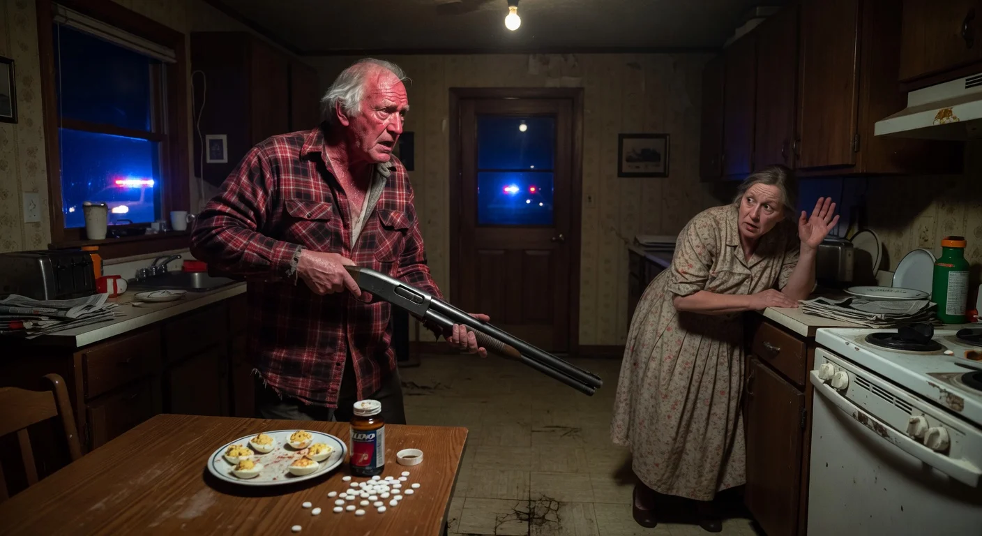 Dramatic illustration of a 72-year-old Kentucky man holding a shotgun while accusing his wife of poisoning deviled eggs with Tylenol, with police arriving outside.