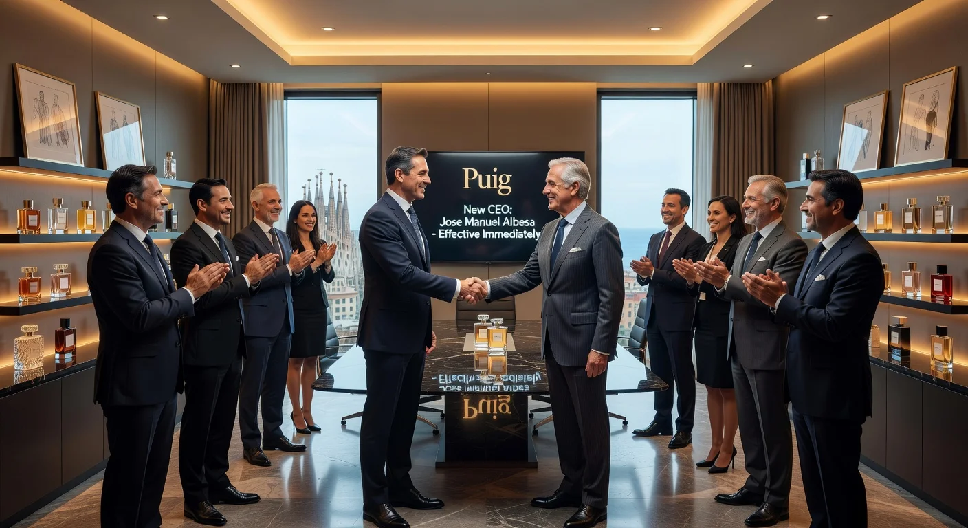 Jose Manuel Albesa shakes hands with Marc Puig in a boardroom, symbolizing Puig's CEO transition to align strategy and M&A.
