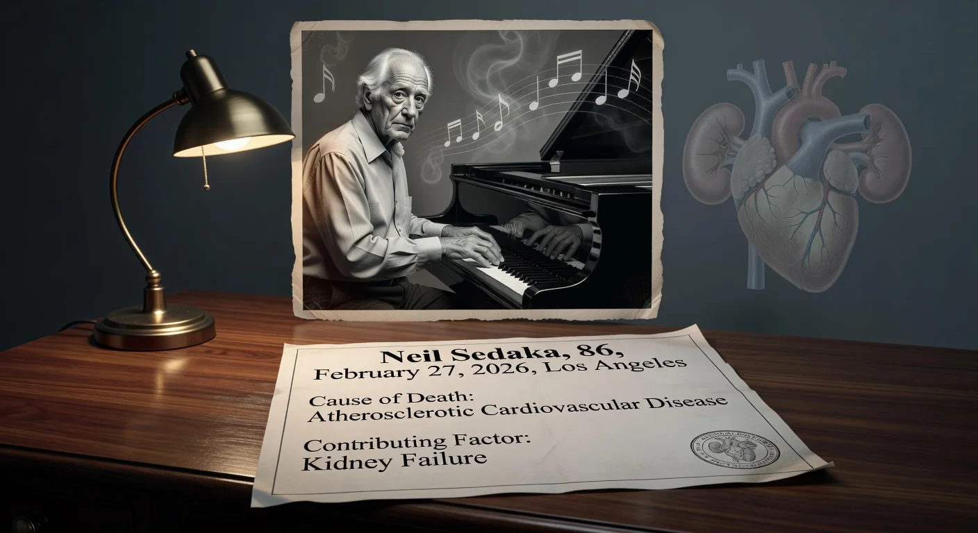 Somber illustration of Neil Sedaka's death certificate highlighting atherosclerotic cardiovascular disease as cause and kidney failure as contributing factor.
