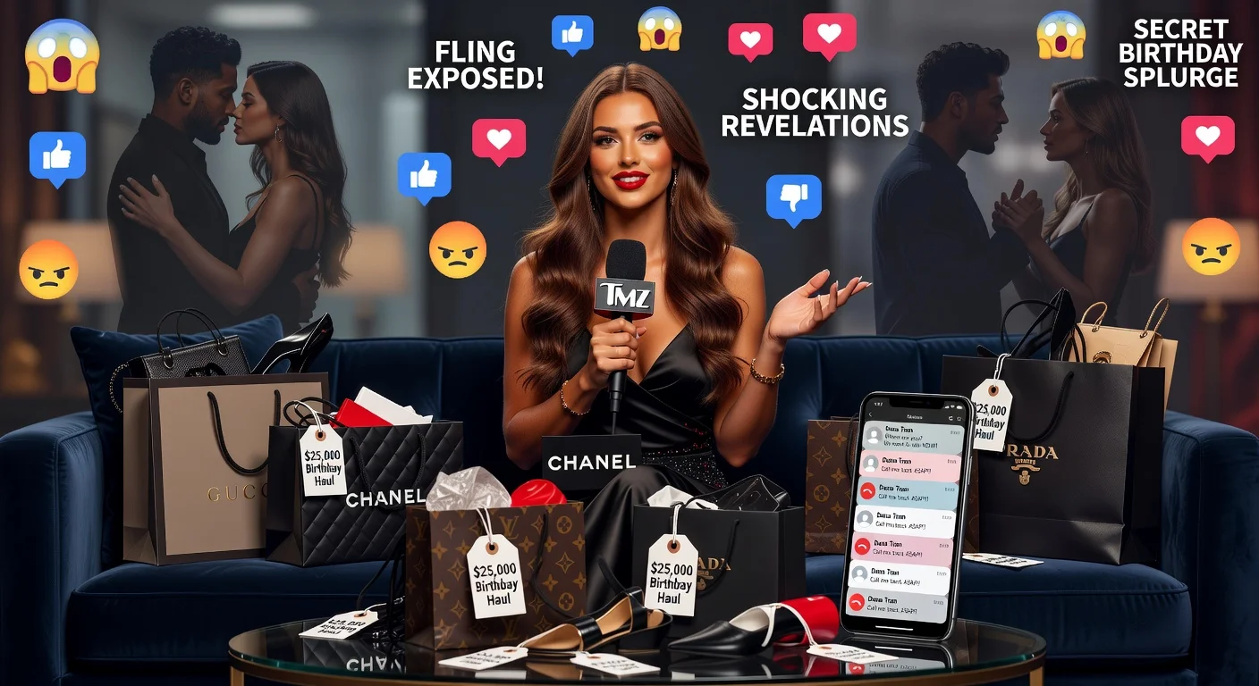 Dramatic illustration of Marissa Springer in TMZ interview exposing fling details with Desmond Scott, luxury shopping spree bags, and ignored calls from Dana Tran.