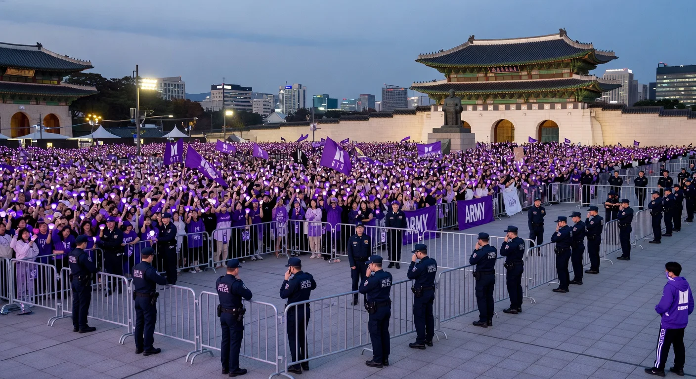 Seoul police set up barricades at Gwanghwamun Square for BTS concert crowd control amid enthusiastic fans.