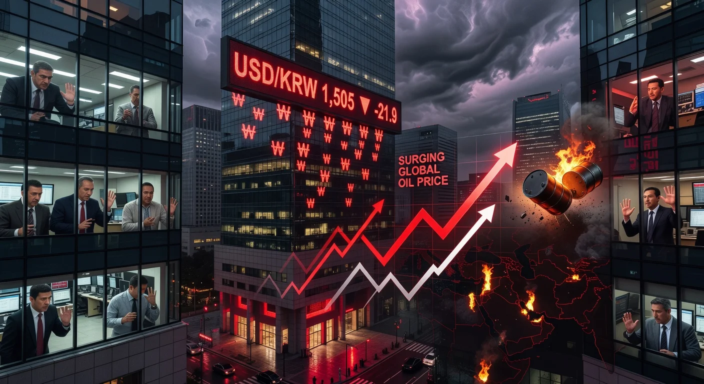 Illustration of Korean won plummeting past 1,500 against USD on Seoul billboard amid oil surge and Middle East tensions.