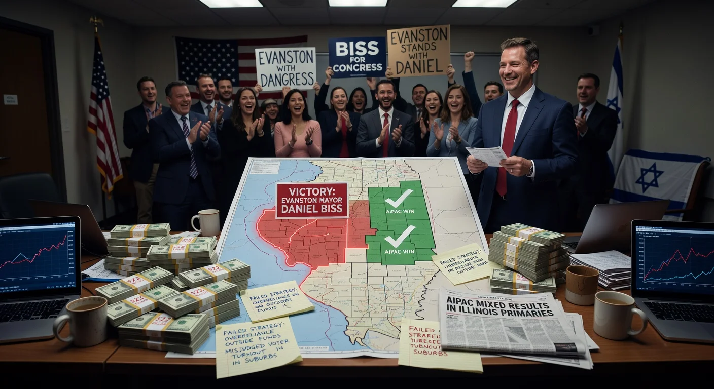 Illustration of Illinois electoral map showing AIPAC's mixed primary results, with $22M spending and Daniel Biss's 9th District win.