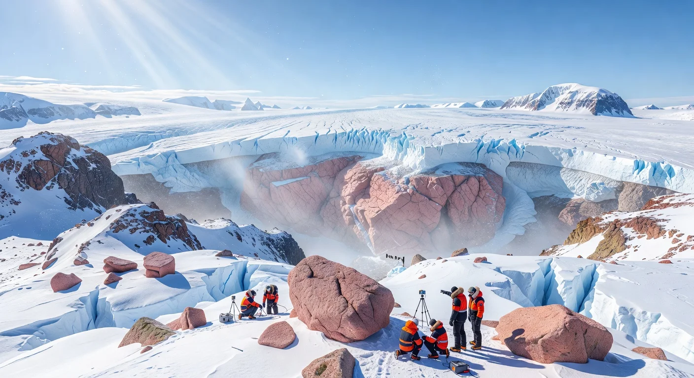 Pink granite boulders in Antarctica's Hudson Mountains revealing a massive hidden granite body under Pine Island Glacier, with scientific survey overlay.