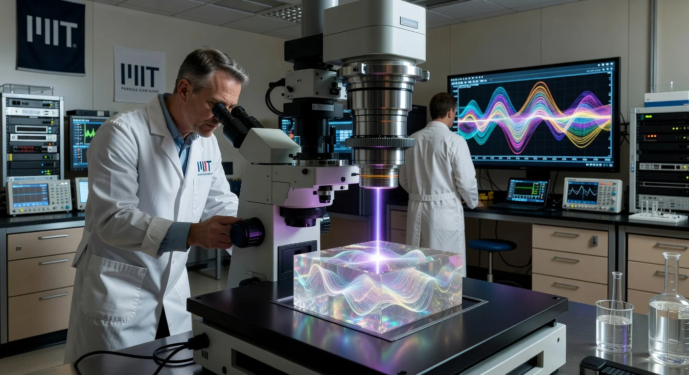 MIT terahertz microscope revealing quantum vibrations in a superconductor crystal, with scientists observing in a lab.