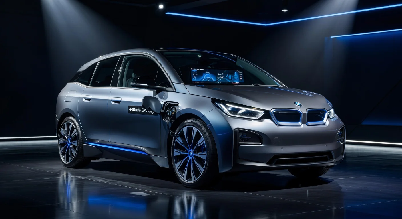 Photorealistic rendering of the new BMW i3 50 xDrive EV sedan, showcasing its sporty design, panoramic display, and 440-mile range in a showroom setting.