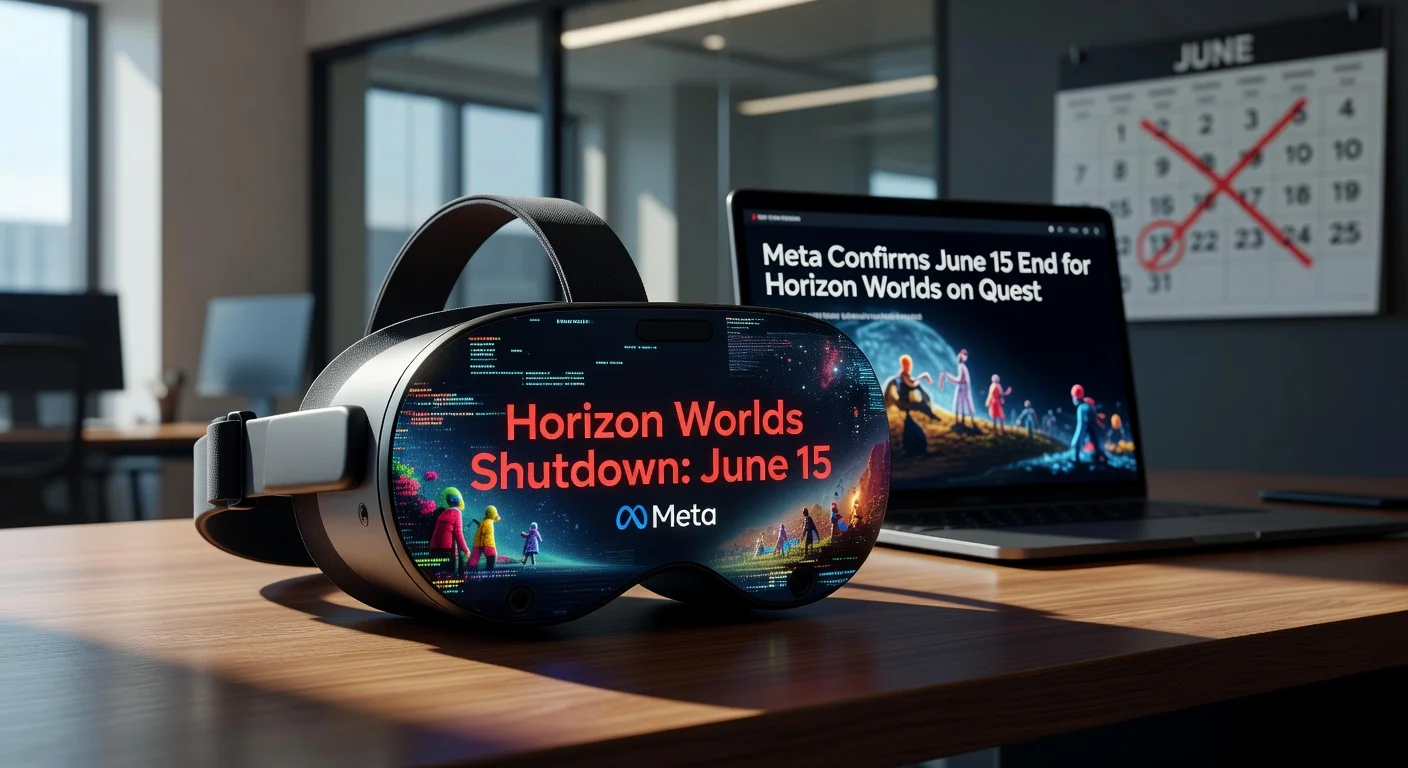 Photorealistic image of a Meta Quest VR headset showing the Horizon Worlds shutdown announcement on June 15, with supporting news elements.
